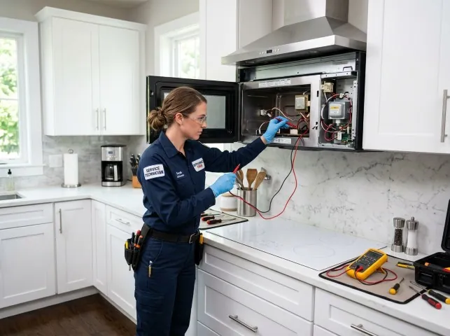 Appliance Repair Hero technician testing an over-the-range microwave in a Allyn, WA kitchen