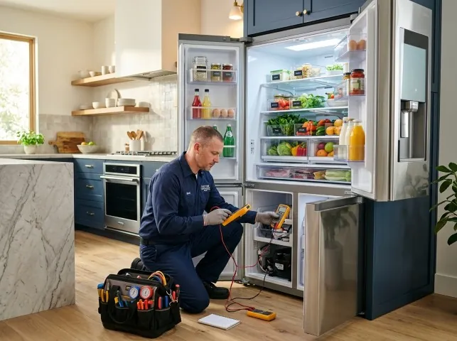 Appliance Repair Hero refrigerator technician testing a fridge on a Allyn, WA service call